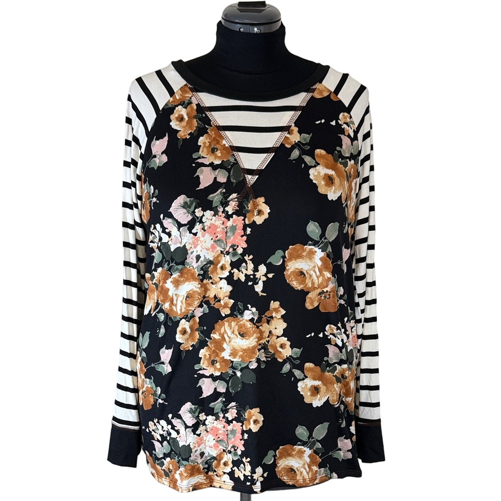 Chic Soul Black Floral and Striped Long Sleeve Top SKU1505